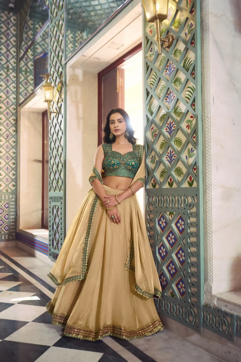 Chiku Frendysilk wedding bridesmaid lehenga with lace detailing and embroidered blouse front look