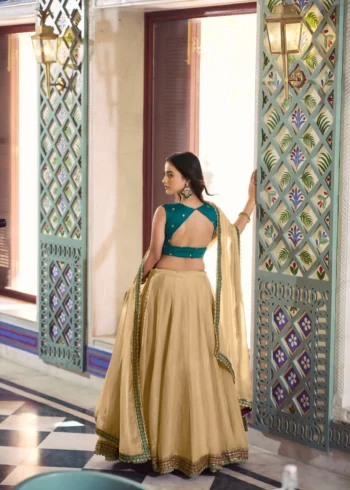 Chiku Frendysilk wedding bridesmaid lehenga with lace detailing and embroidered blouse back design
