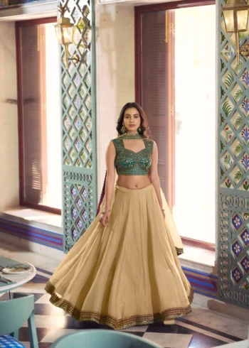 Chiku Frendysilk wedding bridesmaid lehenga with lace detailing and embroidered blouse front look