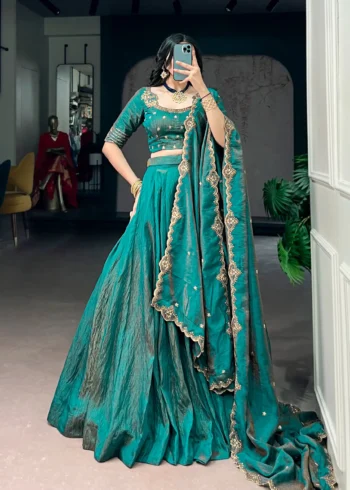 Pastel Blue colour Emerald NC Silk bridesmaid lehenga with sequins and thread embroidery front look