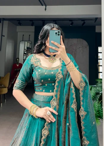 Pastel Blue colour Emerald NC Silk bridesmaid lehenga with sequins and thread embroidery close look