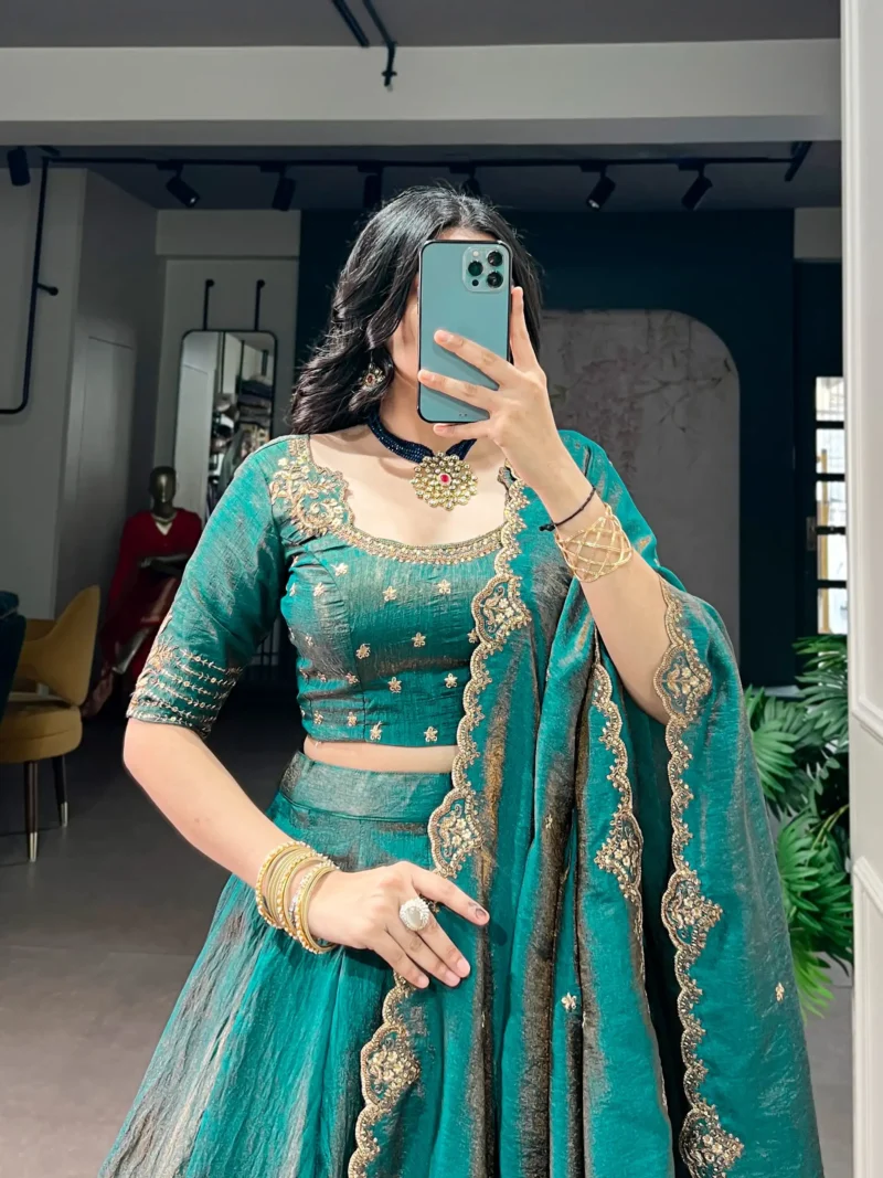 Pastel Blue colour Emerald NC Silk bridesmaid lehenga with sequins and thread embroidery close look