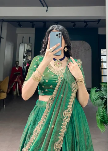 Green colour Emerald NC Silk bridesmaid lehenga with sequins and thread embroidery close look