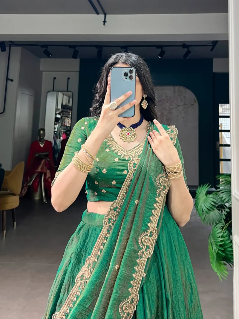 Green colour Emerald NC Silk bridesmaid lehenga with sequins and thread embroidery close look