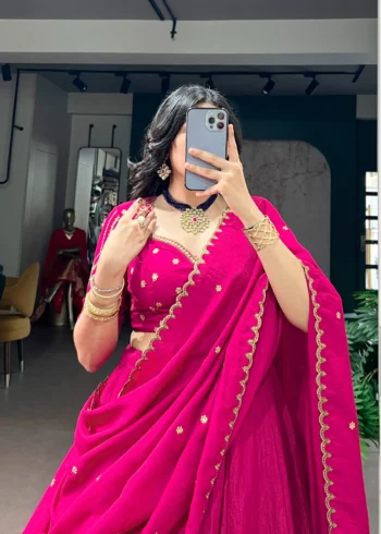 Pink colour Emerald NC Silk bridesmaid lehenga with sequins and thread embroidery close look
