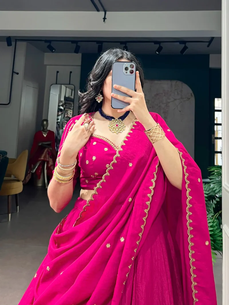 Pink colour Emerald NC Silk bridesmaid lehenga with sequins and thread embroidery close look