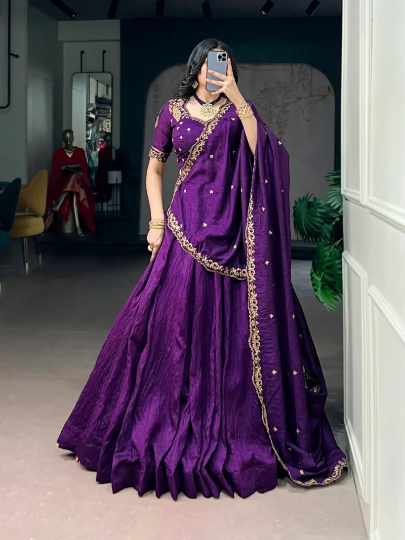 Purple colour Emerald NC Silk bridesmaid lehenga with sequins and thread embroidery
