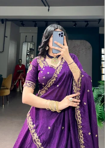 Purple colour Emerald NC Silk bridesmaid lehenga with sequins and thread embroidery close look