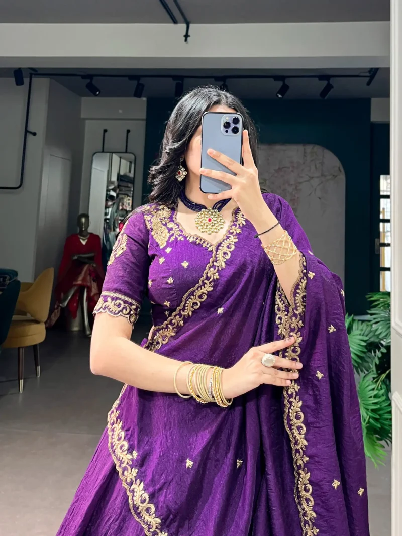 Purple colour Emerald NC Silk bridesmaid lehenga with sequins and thread embroidery close look