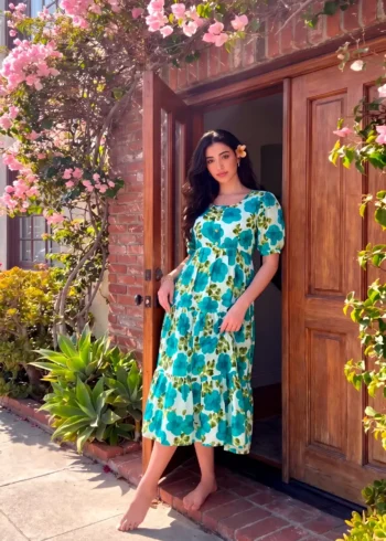 Firozi Floral printed Vichitra Silk western frock with 5-meter flair front look