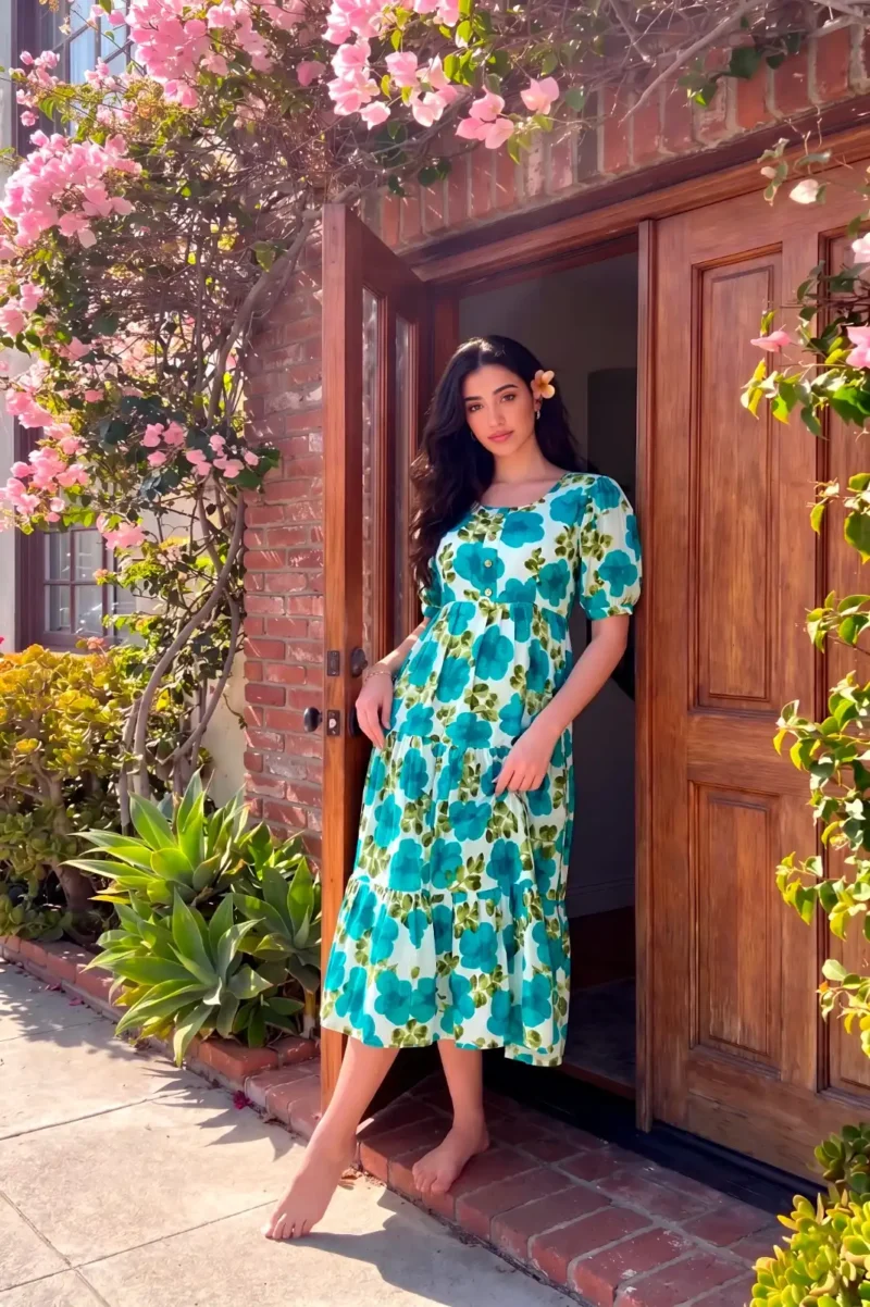 Firozi Floral printed Vichitra Silk western frock with 5-meter flair front look