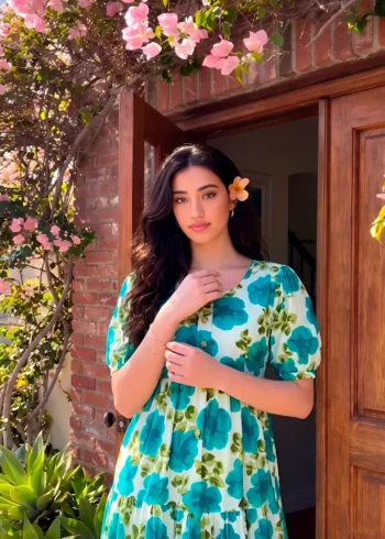 Firozi Floral printed Vichitra Silk western frock with 5-meter flair close look