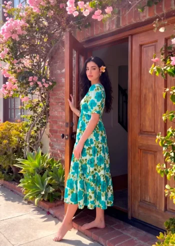 Firozi Floral printed Vichitra Silk western frock with 5-meter flair side look