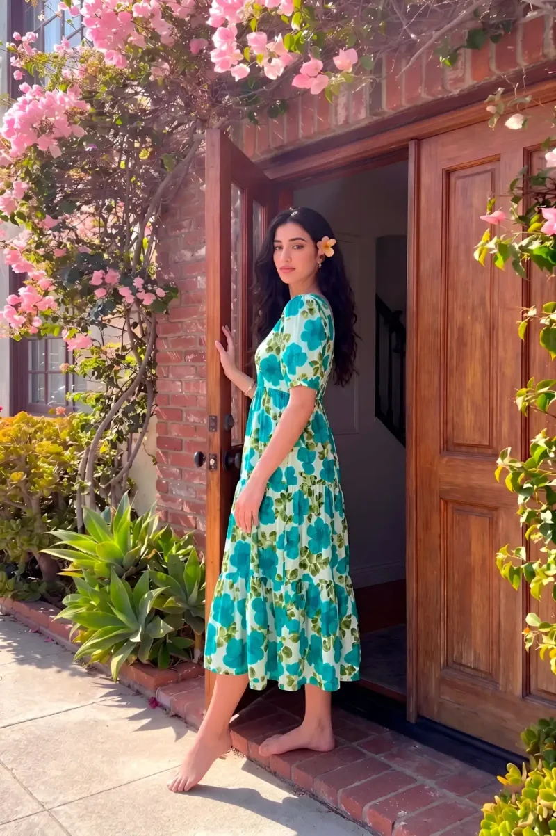 Firozi Floral printed Vichitra Silk western frock with 5-meter flair side look