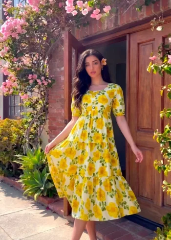 Mustard Floral printed Vichitra Silk western frock with 5-meter flair