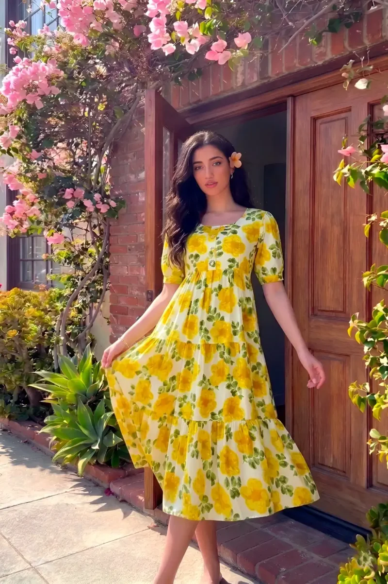 Mustard Floral printed Vichitra Silk western frock with 5-meter flair