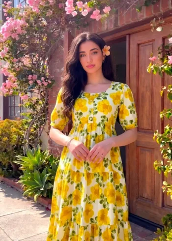 Mustard Floral printed Vichitra Silk western frock with 5-meter flair close look