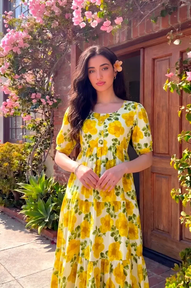 Mustard Floral printed Vichitra Silk western frock with 5-meter flair close look