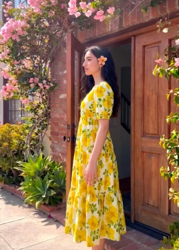 Mustard Floral printed Vichitra Silk western frock with 5-meter flair side look
