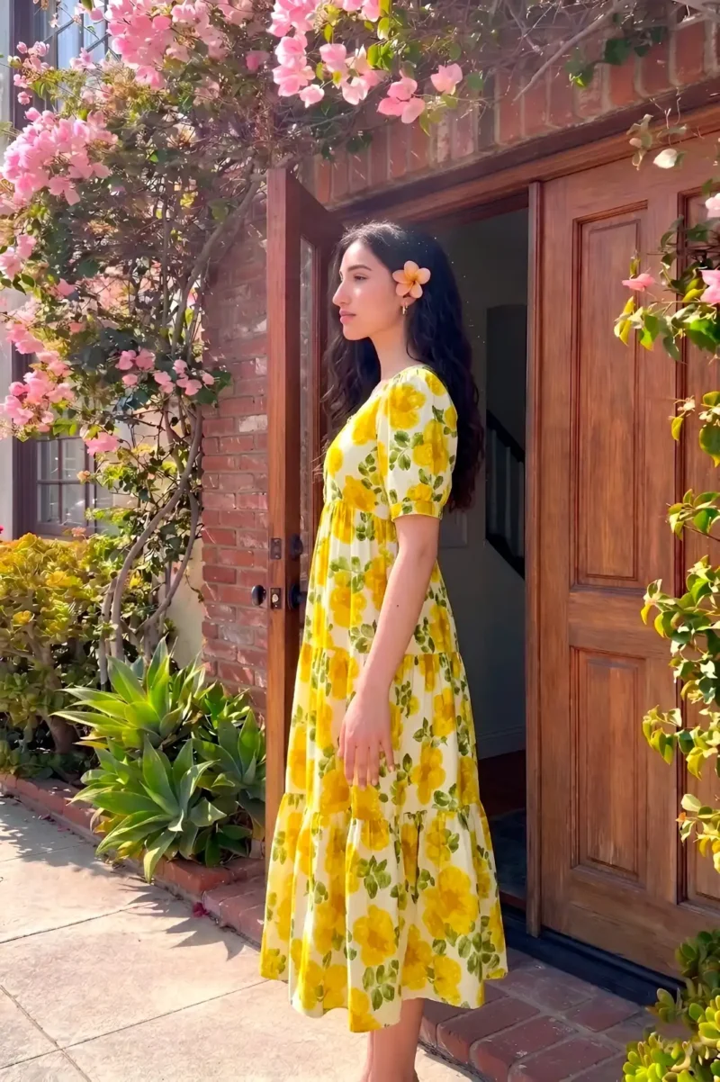 Mustard Floral printed Vichitra Silk western frock with 5-meter flair side look