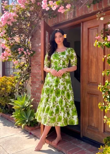 Parrot Green Floral printed Vichitra Silk western frock with 5-meter flair front look