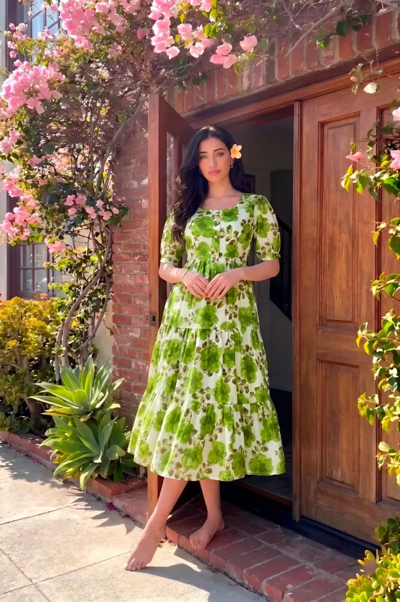 Parrot Green Floral printed Vichitra Silk western frock with 5-meter flair front look