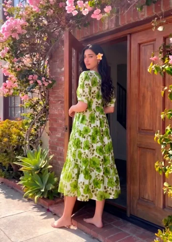 Parrot Green Floral printed Vichitra Silk western frock with 5-meter flair back side look