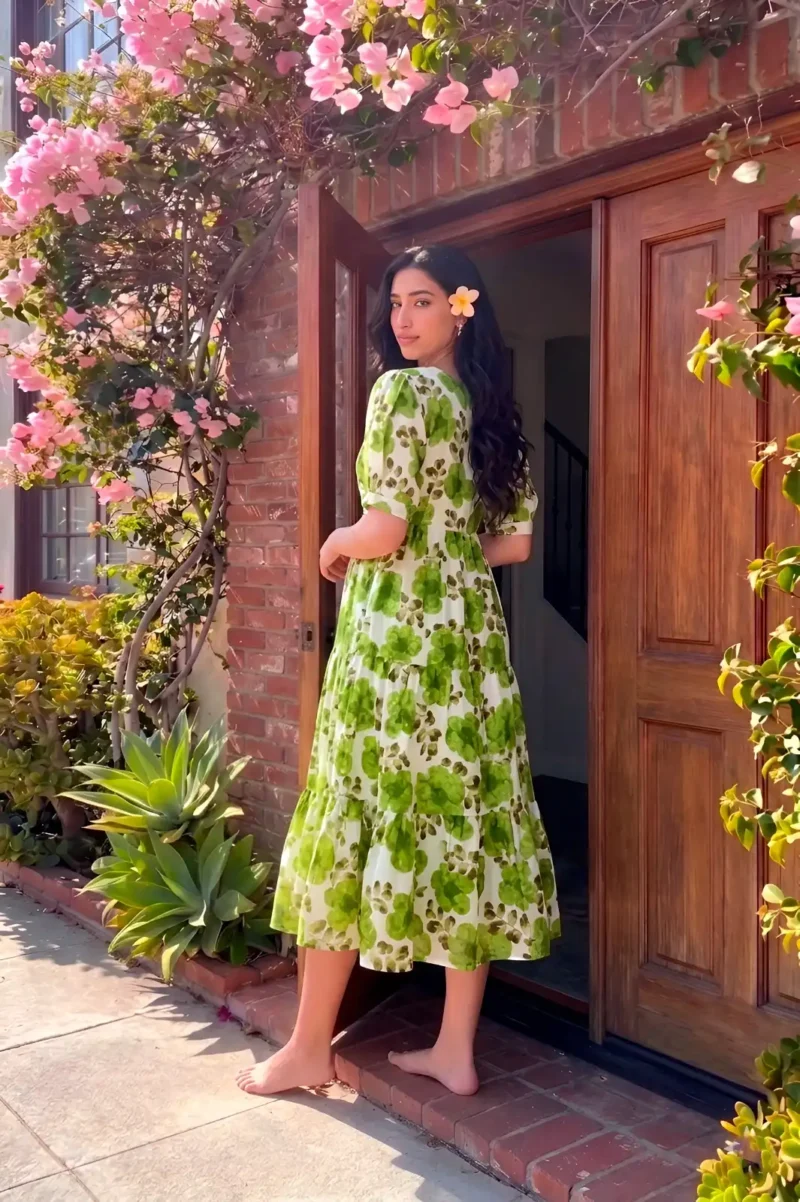 Parrot Green Floral printed Vichitra Silk western frock with 5-meter flair back side look