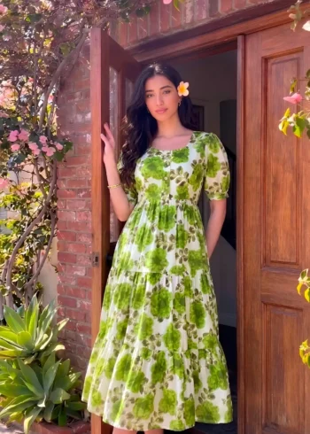 Parrot Green Floral printed Vichitra Silk western frock with 5-meter flair