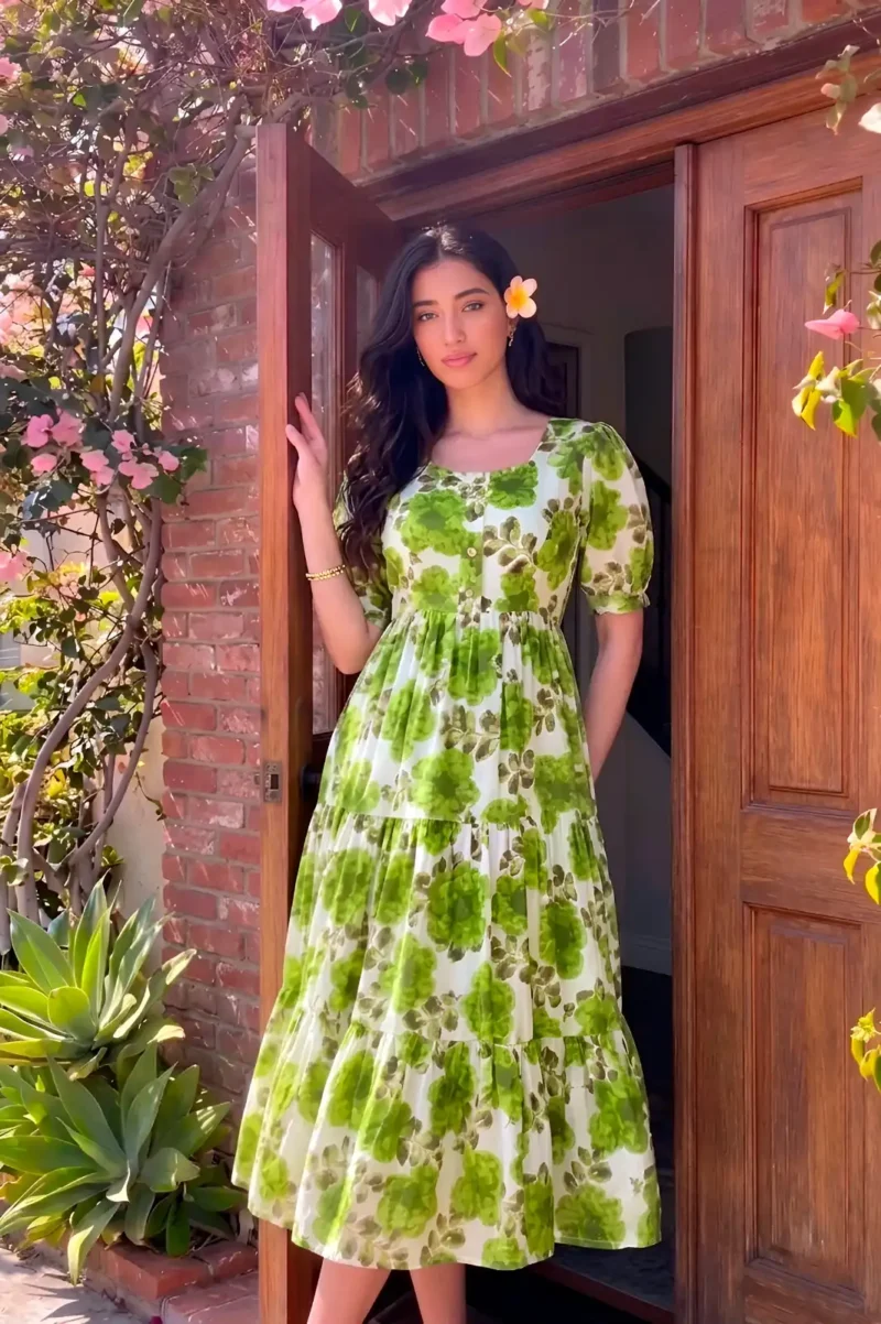 Parrot Green Floral printed Vichitra Silk western frock with 5-meter flair