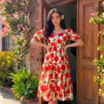 Red Floral printed Vichitra Silk western frock with 5-meter flair