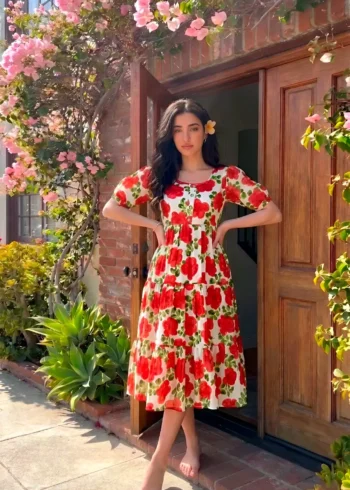 Red Floral printed Vichitra Silk western frock with 5-meter flair