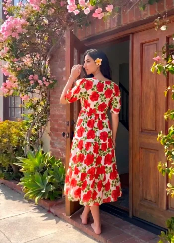 Red Floral printed Vichitra Silk western frock with 5-meter flair back side