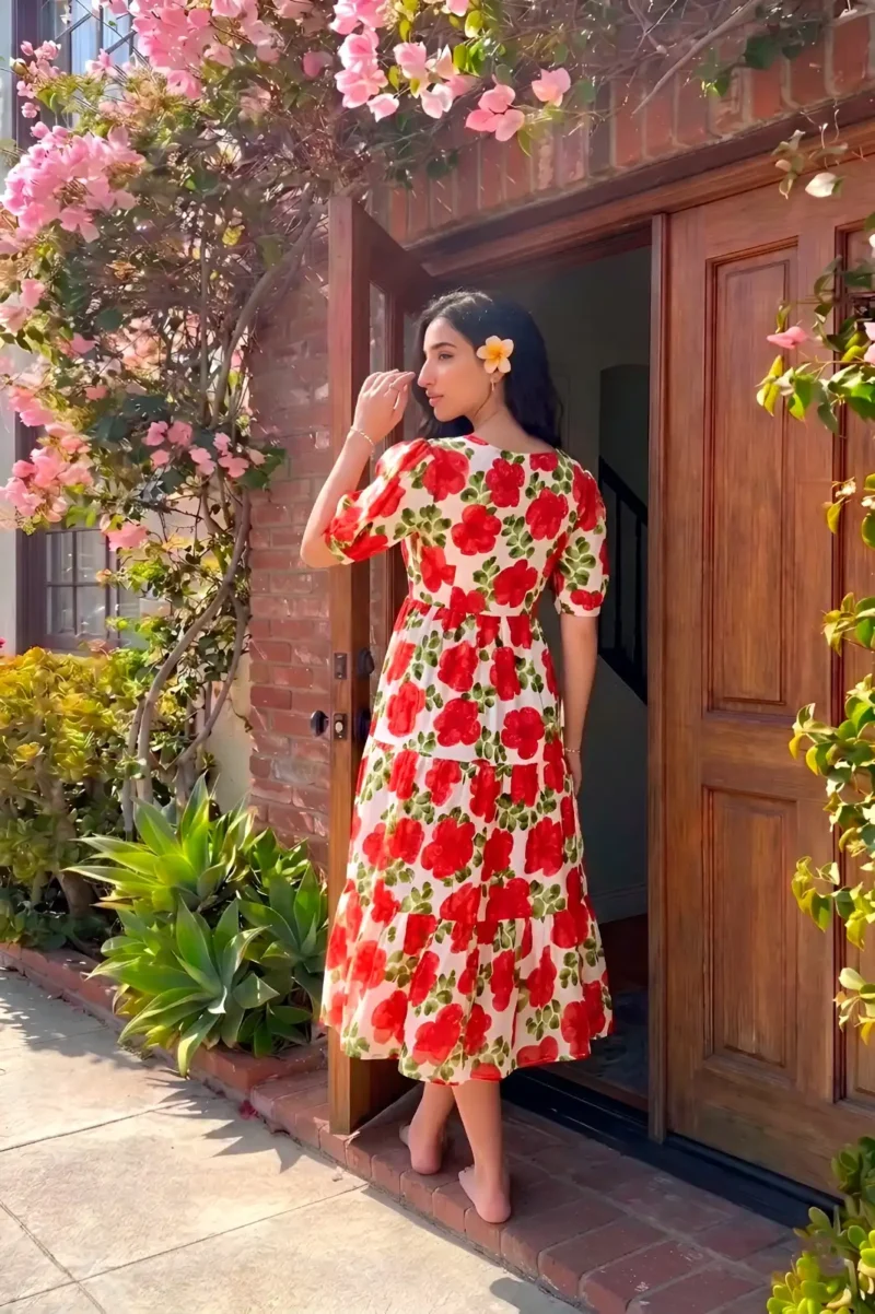 Red Floral printed Vichitra Silk western frock with 5-meter flair back side