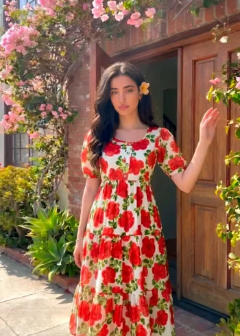 Red Floral printed Vichitra Silk western frock with 5-meter flair close look
