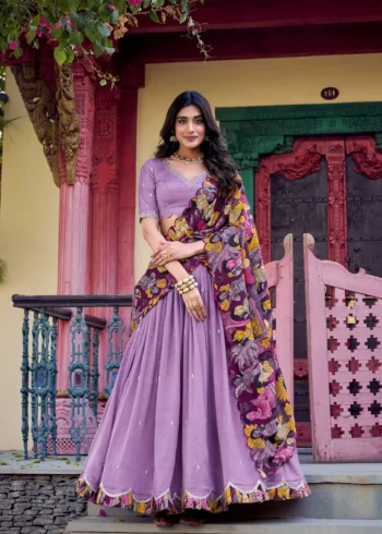 Lavender Colour Kalamkari printed Vichitra Silk half saree lehenga with sequins and embroidery front look