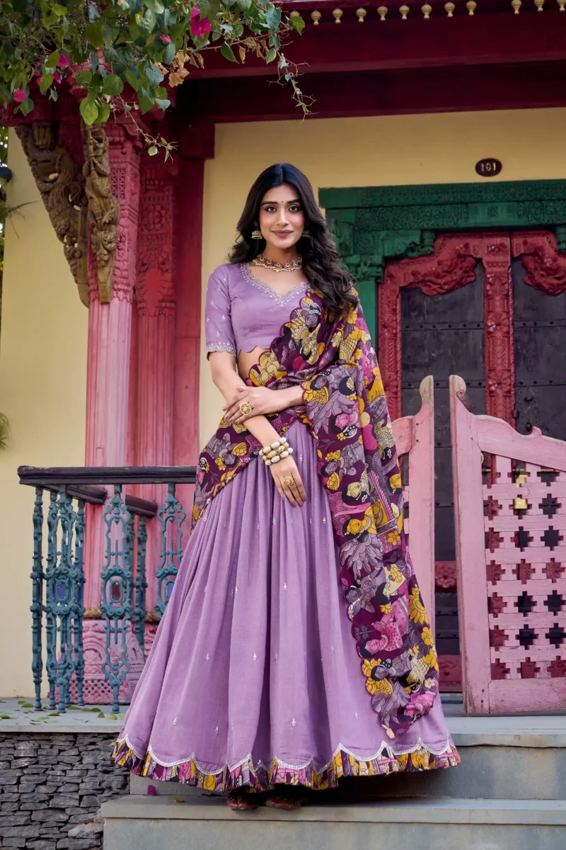 Lavender Colour Kalamkari printed Vichitra Silk half saree lehenga with sequins and embroidery front look