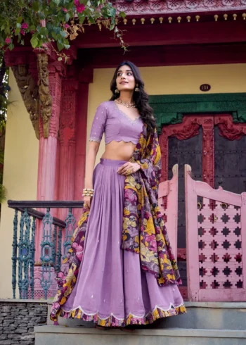 Lavender Colour Kalamkari printed Vichitra Silk half saree lehenga with sequins and embroidery