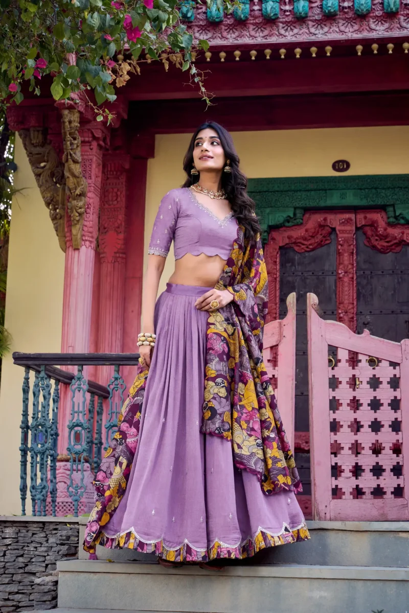Lavender Colour Kalamkari printed Vichitra Silk half saree lehenga with sequins and embroidery
