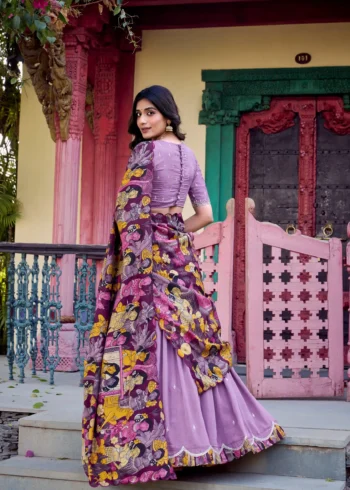 Lavender Colour Kalamkari printed Vichitra Silk half saree lehenga with sequins and embroidery back design