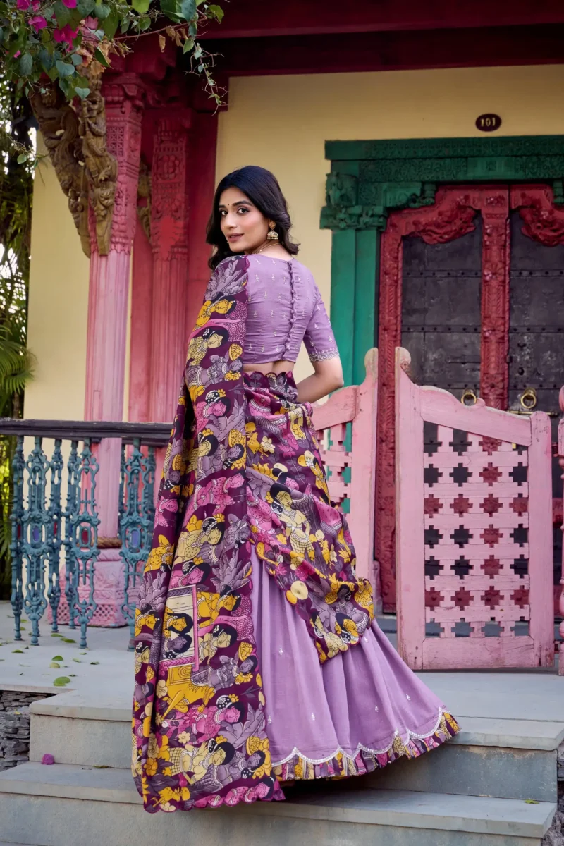 Lavender Colour Kalamkari printed Vichitra Silk half saree lehenga with sequins and embroidery back design