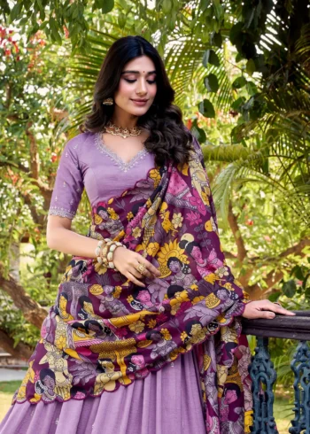 Lavender Colour Kalamkari printed Vichitra Silk half saree lehenga with sequins and embroidery close look