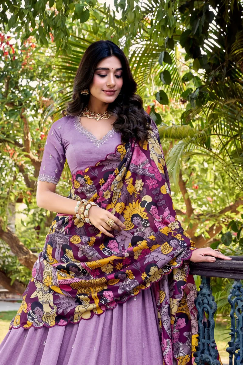 Lavender Colour Kalamkari printed Vichitra Silk half saree lehenga with sequins and embroidery close look