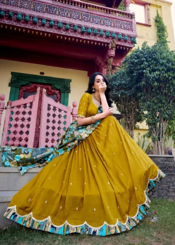 Mustard Colour Kalamkari printed Vichitra Silk half saree lehenga with sequins and embroidery