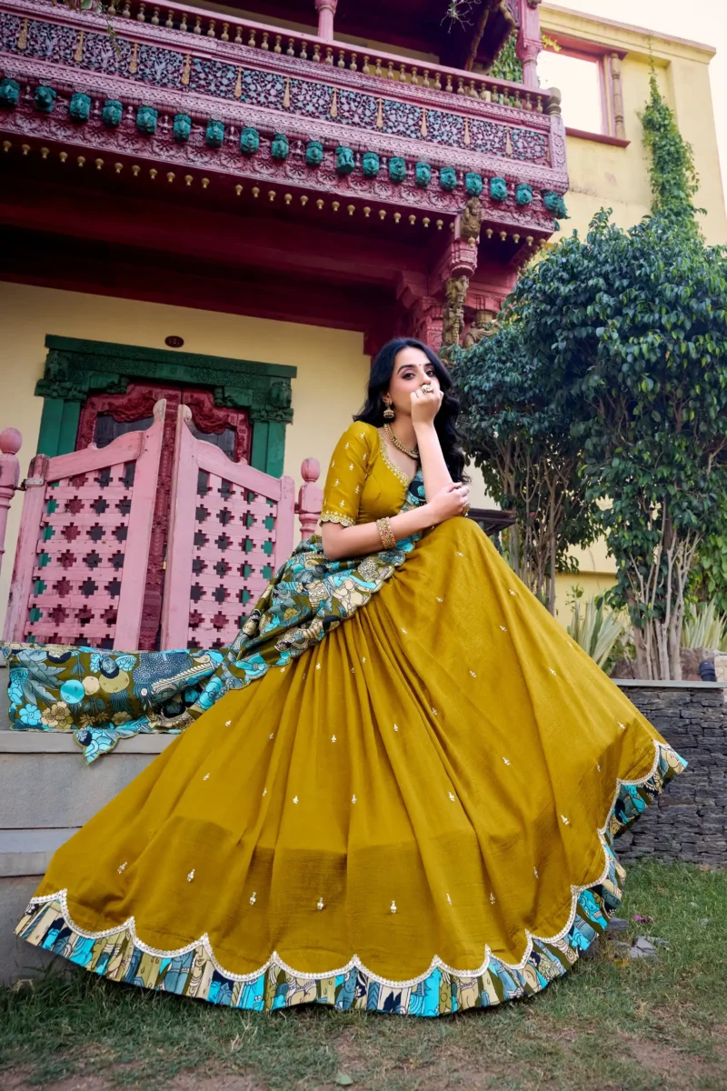 Mustard Colour Kalamkari printed Vichitra Silk half saree lehenga with sequins and embroidery