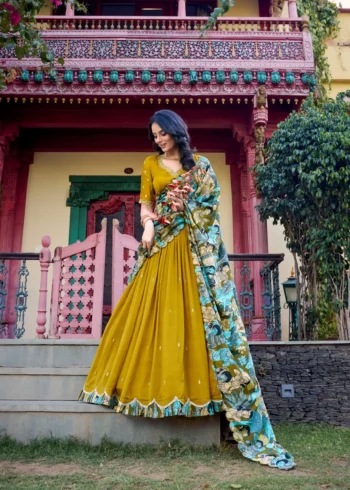 Mustard Colour Kalamkari printed Vichitra Silk half saree lehenga with sequins and embroidery front look