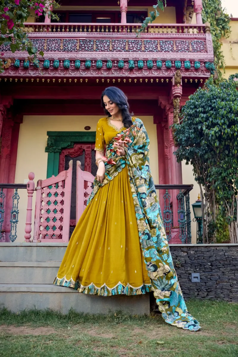 Mustard Colour Kalamkari printed Vichitra Silk half saree lehenga with sequins and embroidery front look