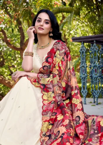 Off WhiteColour Kalamkari printed Vichitra Silk half saree lehenga with sequins and embroidery close look