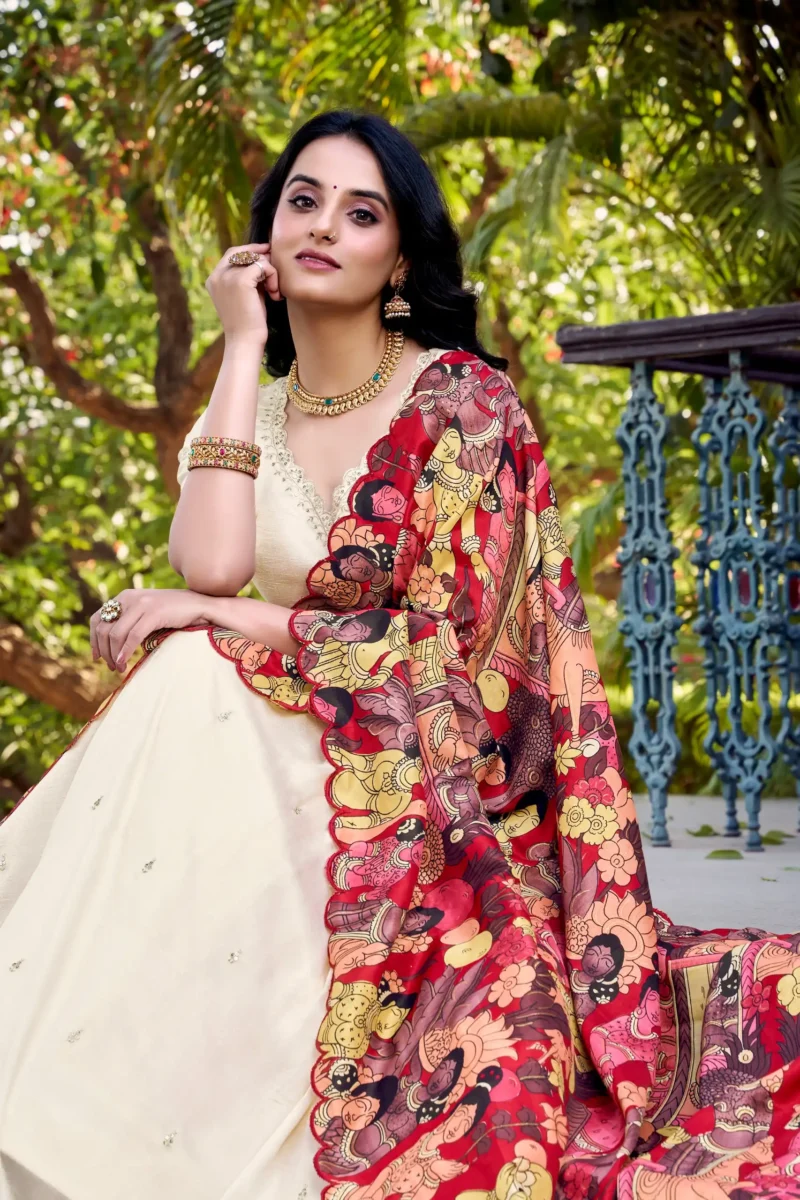 Off WhiteColour Kalamkari printed Vichitra Silk half saree lehenga with sequins and embroidery close look