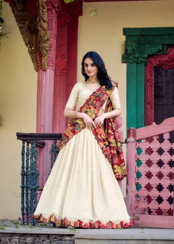 Off WhiteColour Kalamkari printed Vichitra Silk half saree lehenga with sequins and embroidery